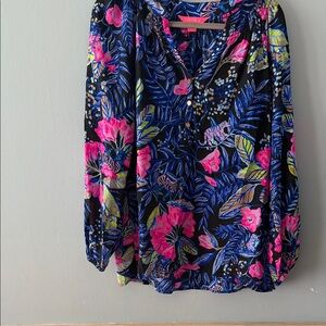 Lilly Pulitzer Black Blouse with Pink and Blue Floral
